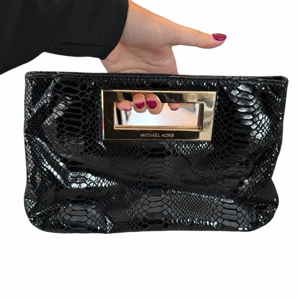 MICHAEL Michael Kors Handbags - Michael Kors Berkley Clutch Bag Black Snakeskin Leather Square Gold Handle
